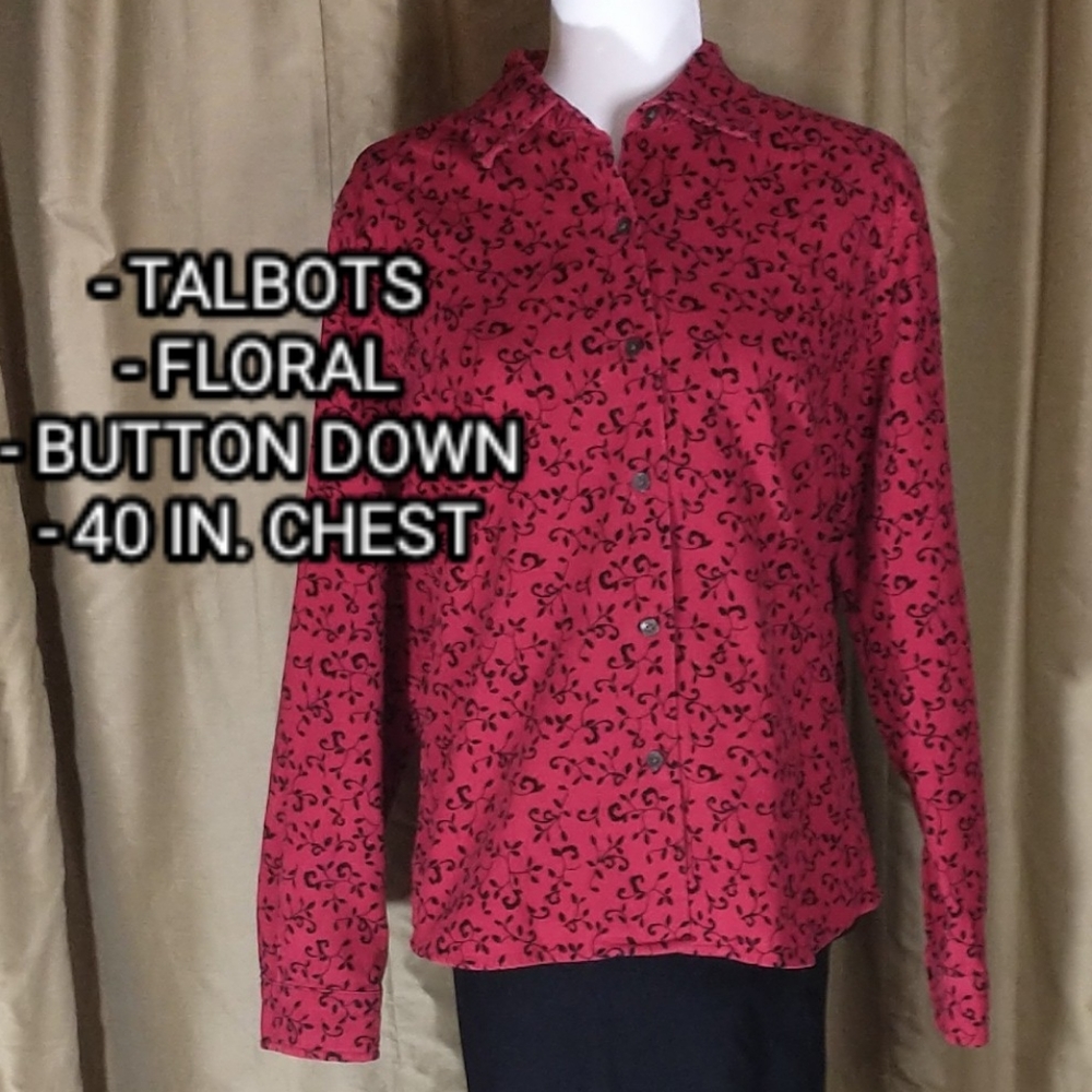 Talbots Red & Black Floral Button Down Top. Size Medium.